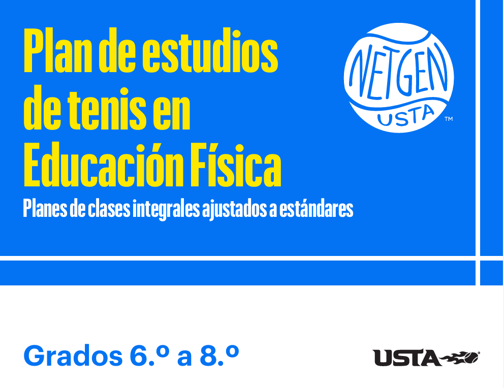 Spanish-language USTA tennis curriculum cover for grades 6–8, bridging intermediate skills and competitive readiness for youth players.