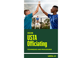 Cover image of a pdf of USTA Officiating Techniques and Procedures cover with that text and people high-fiving