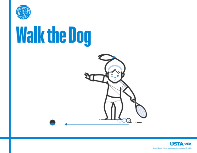 Walk the Dog tennis player icon rolling tennis ball on floor.