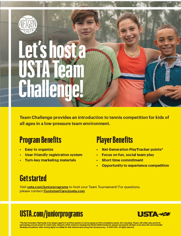 USTA Net Generation Team Challenge PDF guide cover featuring young tennis players holding racquets