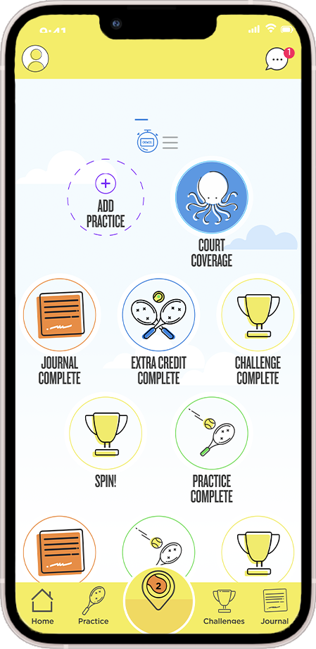 Club Spark App displayed on a phone mock-up, showcasing features like curriculum, videos, a digital whiteboard, pre-built lesson plans, and an on-court assessment tool for use on the go or on the court.