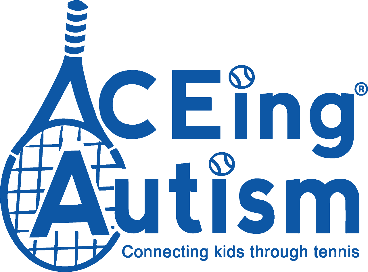ACEing Austism logo in blue with an upside down tennis racquet behind the A's and tennis balls on top of the I's