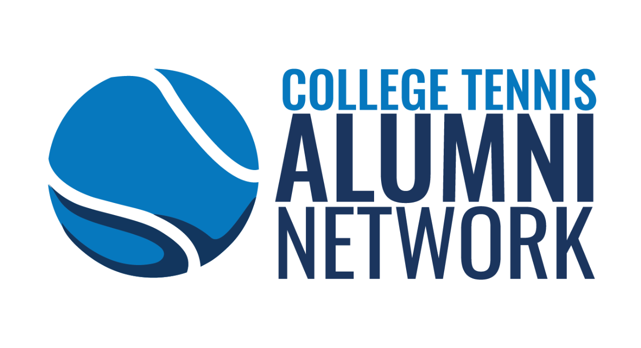 College Tennis Alumni Network logo in blue with a blue tennis ball to the left of the text