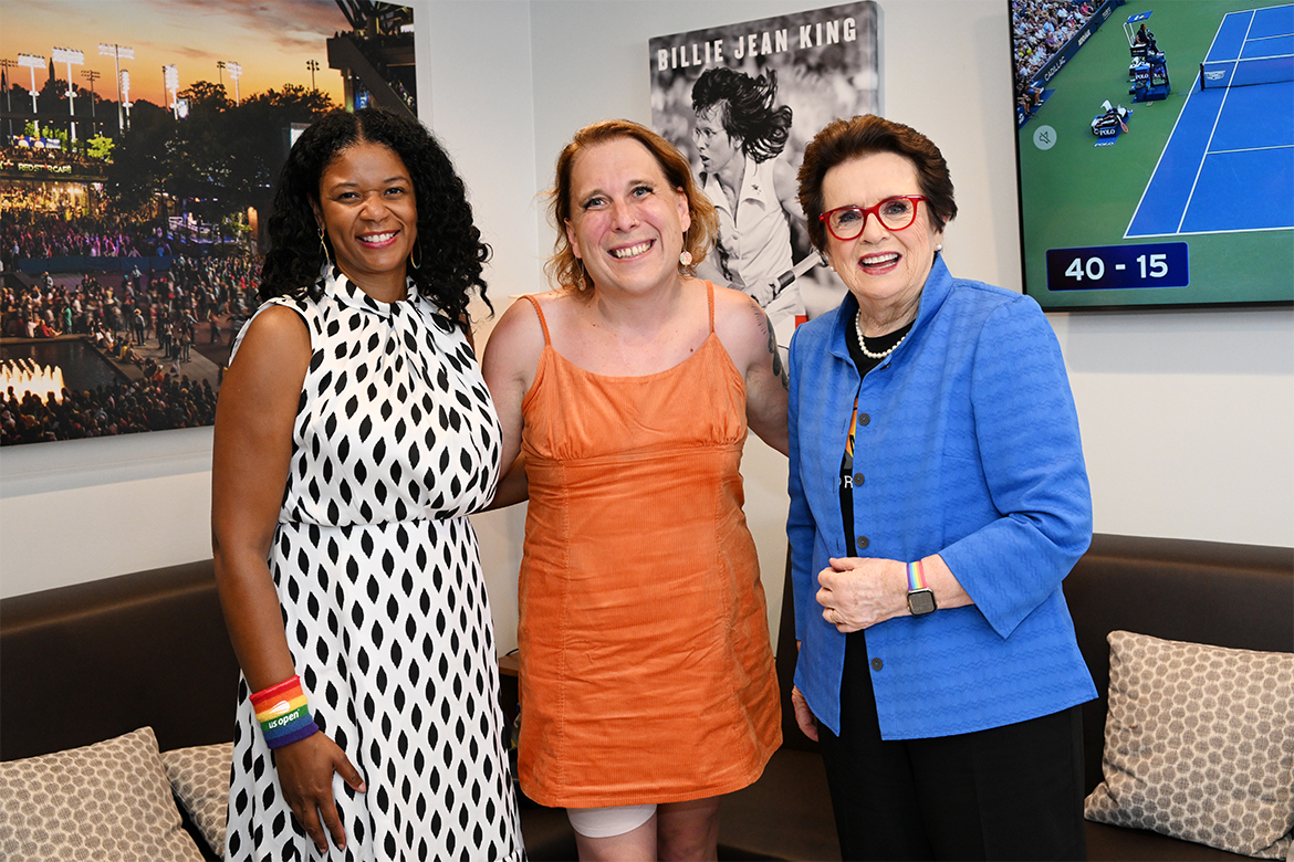 Marisa Grimes, Amy Schneider and Billie Jean King smile.