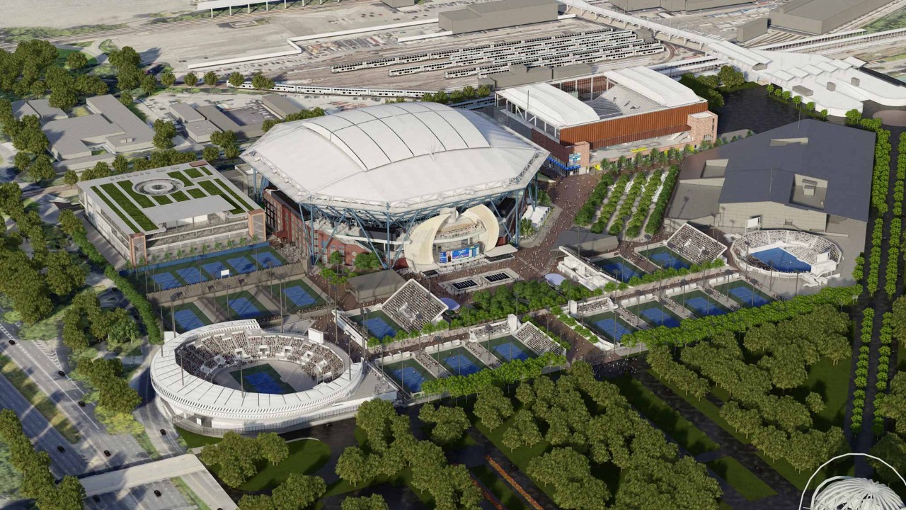 Rendering of USTA Billie Jean King National Tennis Center grounds with reimagined Arthur Ashe Stadium and new Player Performance Center.
